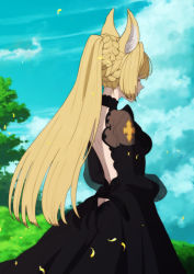 Rule 34 | 1girl, animal ears, backless dress, backless outfit, black dress, blonde hair, breasts, butt crack, closed mouth, cloud, day, dress, from behind, granblue fantasy, long hair, long sleeves, looking down, medium breasts, mifuta, outdoors, pony (animal), solo, standing, tree, yuisis (granblue fantasy)