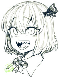 Rule 34 | 1girl, greyscale, hair ribbon, looking at viewer, monochrome, open mouth, portrait, ribbon, rumia, sharp teeth, signature, sketch, solo, spacezin, teeth, touhou