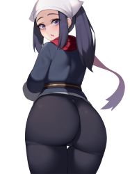 Rule 34 | 1girl, akari (pokemon), ass, ass focus, black hair, blush, creatures (company), galaxy expedition team survey corps uniform, game freak, grey eyes, head scarf, highres, huge ass, jacket, kuavera, long hair, looking at viewer, looking back, nintendo, open mouth, pokemon, pokemon legends: arceus, ponytail, red scarf, sash, scarf, sidelocks, solo, white headwear, wide hips