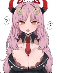 Rule 34 | 1boy, 1girl, :d, ?, @ @, absurdres, between breasts, black shirt, blue archive, blush, bra, bra peek, breasts, brown eyes, cleavage, coin, coin on string, collarbone, detached collar, dot nose, halo, highres, hollyeung, horns, hypnosis, large breasts, long bangs, long hair, long sleeves, looking at viewer, mind control, mole, mole on breast, necktie, necktie between breasts, open mouth, parted bangs, pink hair, raised eyebrows, red bra, red halo, red necktie, satsuki (blue archive), shirt, sidelocks, smile, underwear