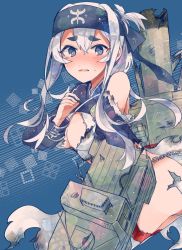 Rule 34 | 10s, 1girl, ainu clothes, bad id, bad twitter id, blue background, blue eyes, breasts, cleavage, cropped jacket, damaged, folded ponytail, headband, itomugi-kun, kamoi (kancolle), kantai collection, long hair, looking at viewer, sidelocks, smokestack, solo, thick eyebrows, torn clothes, upper body, white hair, wrist guards
