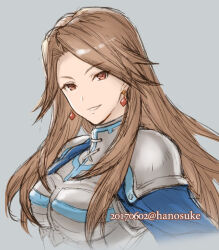 Rule 34 | 1girl, 2017, armor, breastplate, brown hair, dated, earrings, granblue fantasy, grey background, grin, hair intakes, hanosuke, jewelry, katalina (granblue fantasy), long hair, looking at viewer, red eyes, shoulder armor, simple background, sketch, smile, solo, straight hair, upper body, very long hair