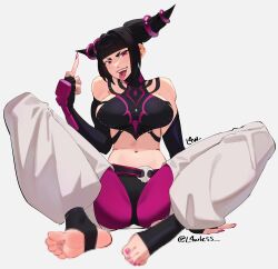 Rule 34 | 1girl, absurdres, arm support, bare shoulders, black hair, black pantyhose, blunt bangs, breasts, censored, censored feet, elbow gloves, feet, fingerless gloves, gloves, grey background, hair horns, han juri, hand up, highres, knees up, l4wless, large breasts, middle finger, mosaic censoring, nail polish, navel, no shoes, on ground, pantyhose, puffy pants, purple eyes, purple nails, purple pantyhose, short hair, sideboob, sidelocks, simple background, sitting, solo, stirrup legwear, street fighter, street fighter iv (series), toeless legwear, toenail polish, toenails, toes, tongue, tongue out, twitter username
