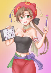 Rule 34 | 1girl, akigumo (kancolle), alternate costume, anti (untea9), art brush, breasts, brown hair, cleavage, commission, crop top, drawing tablet, final fantasy, final fantasy vi, gradient background, green eyes, hair ribbon, highres, holding, holding paintbrush, jewelry, kantai collection, long hair, looking at viewer, medium breasts, midriff, mole, mole under eye, navel, necklace, open mouth, paintbrush, pants, pink background, pixiv commission, ponytail, relm arrowny, ribbon, shirt, sleeveless, sleeveless shirt, solo, strapless, stylus, tube top, waist sash