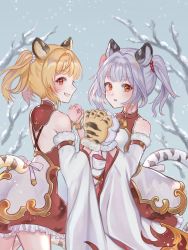 Rule 34 | 2022, 2girls, animal ears, animal hands, bai (granblue fantasy), bare shoulders, blonde hair, detached sleeves, granblue fantasy, grey hair, highres, holding hands, huang (granblue fantasy), long sleeves, looking at viewer, multiple girls, open mouth, outdoors, red eyes, short twintails, smile, snow, snowing, standing, striped tail, tail, takanishi takashi, tiger ears, tiger girl, tiger paws, tiger tail, twintails, wide sleeves