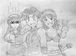 Rule 34 | 1boy, 2girls, angry, arm hug, asamiya athena, athena (series), aura, bikini, blush, bow, breasts, chinese clothes, cleavage, empty eyes, hair bow, jealous, large breasts, monochrome, multiple girls, navel, open mouth, princess athena, psycho soldier, school uniform, short hair, sie kensou, smile, snk, swimsuit, sword, the king of fighters, the king of fighters xiv, traditional media, v, weapon