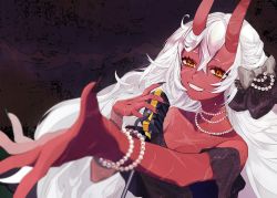 Rule 34 | 1girl, akumi (yoclesh), commentary request, fang, hair between eyes, happy, highres, horns, jewelry, koe 01 03, long hair, microphone stand, necklace, oni, oni horns, orange eyes, pearl necklace, red horns, scar, scar on arm, scar on chest, scar on face, scar on hand, smile, teeth, vguyen, virtual youtuber, white hair