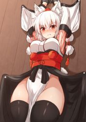 Rule 34 | &gt;:(, 1girl, alternate costume, animal ear fluff, animal ears, arms up, bare shoulders, bdsm, black thighhighs, blush, bolt (hardware), bondage, bound, breasts, commentary request, cowboy shot, cuffs, groin, hair between eyes, hat, highres, inubashiri momiji, japanese clothes, kimono, kourindou tengu costume, long sleeves, looking at viewer, medium breasts, nail, no panties, nose blush, obi, pelvic curtain, pom pom (clothes), red eyes, red sash, restrained, sash, shackles, shadow, short hair, silver hair, solo, tassel, tears, thighhighs, thighs, tksand, tokin hat, touhou, v-shaped eyebrows, white kimono, wide hips, wide sleeves, wolf ears
