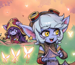 Rule 34 | 2girls, :3, :d, bare shoulders, blush, brown shirt, colored skin, crop top, dress, earrings, fairy, fingerless gloves, freckles, gloves, goggles, goggles on headwear, grey hair, grey skin, hammer, holding, holding hammer, jewelry, league of legends, lulu (league of legends), medium hair, multiple girls, open mouth, phantom ix row, pointy ears, red dress, red headwear, shirt, smile, striped sleeves, teeth, tristana, upper teeth only, yellow eyes, yordle