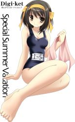 Rule 34 | 00s, 1girl, barefoot, black one-piece swimsuit, brown hair, feet, namamo nanase, name tag, one-piece swimsuit, school swimsuit, short hair, solo, suzumiya haruhi, suzumiya haruhi no yuuutsu, swimsuit