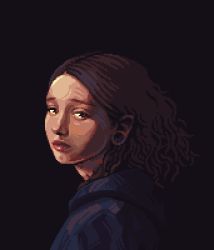 Rule 34 | 1girl, black background, brown eyes, brown hair, closed mouth, commentary, dark background, earrings, english commentary, from side, girl with a pearl earring, hoop earrings, jewelry, lips, looking at viewer, looking to the side, medium hair, original, pixel art, plug (piercing), simple background, tofupixel