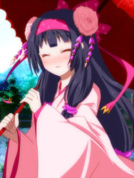 Rule 34 | 1girl, black hair, blush, bow, closed eyes, day, flower, flower knight girl, hair bow, hair flower, hair ornament, hairband, japanese clothes, kimono, long hair, looking at viewer, low-tied long hair, name connection, object namesake, pink bow, shakuyaku (flower knight girl), sky, snowstar, solo, tree, umbrella