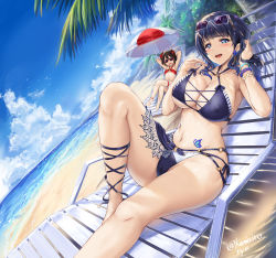 Rule 34 | 2girls, :d, adjusting hair, arms behind head, asaka karin, beach, beach chair, beach umbrella, bikini, black hair, blue bikini, blue eyes, blue hair, blush, bracelet, breasts, bridal garter, butterfly tattoo, cameltoe, cleavage, cleft of venus, cloud, commentary request, covered erect nipples, crossed legs, dutch angle, earrings, eyewear on head, hair ribbon, highres, jewelry, kamishiro ryuu, knee up, large breasts, looking at viewer, love live!, love live! nijigasaki high school idol club, love live! school idol festival, love live! school idol project, lying, mole, mole on collarbone, multiple girls, o-ring, o-ring bikini, on back, open mouth, outdoors, palm tree, ribbon, short hair, sky, small breasts, smile, stomach, sunglasses, swimsuit, tattoo, thighs, tree, twintails, umbrella, water, yazawa nico