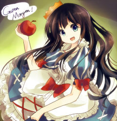 Rule 34 | 1girl, :d, apple, bison cangshu, black hair, blue eyes, bow, crown, female focus, food, fruit, german text, germany, head tilt, holding, long hair, looking at viewer, maerchen (sound horizon), open mouth, schneewittchen, sketch, smile, solo, sound horizon, speech bubble, text focus, translated