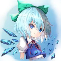 Rule 34 | 1girl, blue eyes, blue hair, blue vest, blush, bow, cirno, closed mouth, collared shirt, cropped torso, fairy, green bow, hair between eyes, hair bow, highres, ice, ice wings, kayon (touzoku), shirt, short hair, short sleeves, smile, solo, touhou, upper body, vest, white shirt, wings