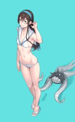 Rule 34 | 1girl, 1other, arm up, bare arms, bare legs, bare shoulders, bikini, black hair, blue background, breasts, commentary request, cosplay, enemy naval mine (kancolle), full body, glasses, green eyes, hair between eyes, highres, kantai collection, long hair, lowleg, lowleg bikini, ooyodo (kancolle), sailor bikini, sailor collar, sandals, side-tie bikini bottom, simple background, skindentation, small breasts, string bikini, swimsuit, tentacles, white bikini, yuuji (and), z3 max schultz (kancolle), z3 max schultz (kancolle) (cosplay)
