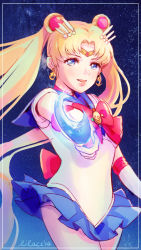 Rule 34 | 10s, 1girl, bad id, bad pixiv id, bishoujo senshi sailor moon, bishoujo senshi sailor moon (first season), bishoujo senshi sailor moon crystal, blonde hair, blue eyes, blue sailor collar, blue skirt, bow, circlet, cowboy shot, double bun, earrings, elbow gloves, gloves, hair bun, hair ornament, hairclip, jewelry, lilaccu, long hair, miniskirt, moon stick, open mouth, outstretched arm, pleated skirt, red bow, sailor collar, sailor moon, signature, skirt, smile, solo, tsukino usagi, twintails, very long hair, white gloves