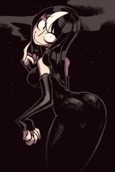Rule 34 | 1girl, ass, bare shoulders, black dress, black hair, breasts, claws, dress, highres, large breasts, long hair, long sleeves, looking at viewer, looking back, multicolored hair, noss (rariatto), rariatto (ganguri), streaked hair