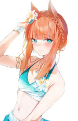 Rule 34 | 1girl, alternate costume, alternate hairstyle, animal ears, aqua eyes, arm up, armband, bare shoulders, blue flower, blue gemstone, blunt bangs, braid, breasts, closed mouth, collarbone, ear flower, emyo, flower, gem, gradient bikini, hair flower, hair ornament, highres, horse ears, horse girl, jewelry, light smile, looking at viewer, navel, necklace, orange hair, short hair with long locks, sidelocks, silence suzuka (emerald on the waves) (umamusume), silence suzuka (umamusume), simple background, small breasts, smile, solo, stomach, summer sun calms down blue (umamusume), umamusume, upper body, white armband, white background, white flower, yellow flower