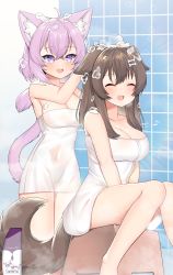 Rule 34 | 2girls, absurdres, animal ears, armpits, bath, bathroom, blush, breasts, brown hair, cat ears, cat tail, cleavage, closed eyes, collarbone, covered navel, dog ears, dog tail, hands on another&#039;s head, highres, hololive, indoors, inugami korone, large breasts, legs together, medium hair, multiple girls, naked towel, neko lu (wofud453), nekomata okayu, short hair, sitting, smile, standing, tail, tight clothes, towel, virtual youtuber, washing hair