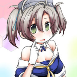 Rule 34 | 1girl, adapted costume, alternate costume, bare shoulders, blue eyes, blue neckwear, blue shirt, bow, bowtie, braid, breasts, cleavage, cosplay, embarrassed, fletcher (kancolle), fletcher (kancolle) (cosplay), green eyes, grey hair, hairband, honeycomb (pattern), kantai collection, kinugasa (kancolle), medium breasts, neckerchief, open mouth, ouno (nounai disintegration), sailor collar, school uniform, shirt, short twintails, solo, sweatdrop, trait connection, twintails, upper body, white sailor collar, yellow neckwear