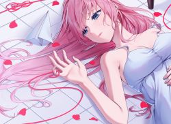 Rule 34 | 1girl, absurdres, bare shoulders, blue eyes, breasts, cleavage, collarbone, crying, crying with eyes open, dress, hand on own stomach, highres, inu8neko, just be friends (vocaloid), long hair, looking to the side, lying, medium breasts, megurine luka, on back, on floor, paper airplane, petals, pink hair, pink lips, sleeveless, sleeveless dress, solo, string, string of fate, tears, tile floor, tiles, vocaloid, white dress