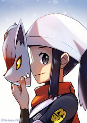 Rule 34 | 1girl, absurdres, akari (pokemon), black undershirt, character mask, commentary request, creatures (company), galaxy expedition team survey corps uniform, game freak, gradient background, grey eyes, grey jacket, hand up, head scarf, highres, hisuian zoroark, holding, holding mask, jacket, long hair, long sleeves, looking at viewer, looking to the side, mask, nintendo, pokemon, pokemon legends: arceus, ponytail, profile, purple hair, red scarf, scarf, signature, simple background, snowing, solo, twitter username, undershirt, upper body, watagashikn, white background, white headwear