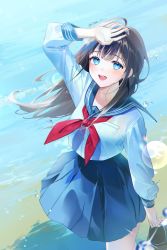 Rule 34 | 1girl, absurdres, arm up, black hair, blouse, blue eyes, blue sailor collar, blue skirt, blunt bangs, commentary, diffraction spikes, highres, holding, holding shoes, lens flare, long hair, long sleeves, looking up, naru 0, neckerchief, open mouth, original, pleated skirt, red neckerchief, resolution mismatch, sailor collar, school uniform, serafuku, shirt, shoes, skirt, smile, solo, source smaller, twitter username, water, water drop, white shirt
