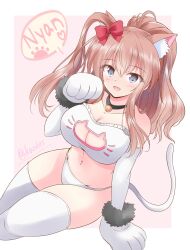 Rule 34 | 1girl, animal ears, animal hands, bow, breasts, brown hair, cat cutout, cat ears, cat tail, cleavage, cleavage cutout, clothing cutout, gloves, grey eyes, high side ponytail, highres, kantai collection, large breasts, one-hour drawing challenge, paw gloves, ponytail, red bow, saratoga (kancolle), shizuna kaede, side ponytail, sidelocks, sitting, smile, solo, tail, thighhighs, white thighhighs