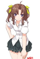 Rule 34 | 10s, 1girl, ahoge, alternate costume, bow, brown hair, dated, dd (ijigendd), dress shirt, hair bow, hand on own hip, hand on own thigh, kagerou (kancolle), kantai collection, leaning forward, looking at viewer, no vest, purple eyes, shirt, simple background, skirt, solo, twintails, white background, yellow bow