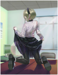 Rule 34 | 1girl, back, black collar, black footwear, black headwear, black legwear, black skirt, black tights, calendar, chair, closed mouth, clothes lift, collar, collared shirt, computer, computer keyboard, monitor, computer mouse, computer tower, corecyan x, danganronpa (series), danganronpa v3: killing harmony, ears, female focus, full body, green hair, highres, kneeling, lifting own clothing, skirt lift, lips, long sleeves, medium hair, metal chair, multicolored clothes, nose, on table, panties, panty peek, pleated skirt, profile, shirt, shoelaces, skirt, skirt lift, solo, sunlight, table, teasing, tojo kirumi, turning around, turning head, underwear, white panties, white shirt, window, wooden table, zehturtle