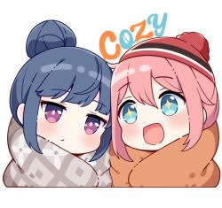 Rule 34 | + +, 2girls, :d, beanie, blue eyes, blue hair, blush, closed mouth, commentary, cropped torso, english text, hair bun, hat, hitsukuya, kagamihara nadeshiko, multiple girls, open mouth, pink hair, purple eyes, red headwear, shima rin, sidelocks, simple background, smile, symbol-only commentary, upper body, white background, yurucamp