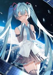 Rule 34 | 1girl, blue hair, blue nails, blue necktie, closed eyes, cowboy shot, detached sleeves, grey skirt, grey sleeves, grey thighhighs, hair between eyes, hair intakes, hair ornament, hatsune miku, hatsune miku (vocaloid4), headphones, headset, highres, long hair, long sleeves, microphone, miniskirt, nail polish, necktie, own hands clasped, own hands together, pleated skirt, shirt, skirt, sleeveless, sleeveless shirt, sleeves past wrists, solo, space, thighhighs, twintails, umireki, very long hair, vocaloid, white shirt, zettai ryouiki