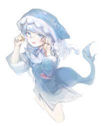 Rule 34 | 1girl, absurdres, animal hood, blue eyes, blue hair, blue nails, chunkyeggy, fingernails, fins, fish tail, gawr gura, glasses, grey background, grey hair, hands on eyewear, highres, hololive, hololive english, hood, hood up, light blue hair, long hair, looking at viewer, multicolored hair, nail polish, open mouth, shark hood, shark tail, simple background, smile, solo, stitches, streaked hair, tail, teeth, upper teeth only, virtual youtuber