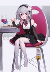 Rule 34 | 1girl, absurdres, alcohol, bare shoulders, bilibili xiaolu, black hairband, black skirt, bridal gauntlets, collared shirt, crossed bangs, cup, drinking glass, flower, food, full body, grey hair, hair between eyes, hair flower, hair ornament, hairband, high-waist skirt, highres, holding, holding food, looking at viewer, neck ribbon, no shoes, on chair, original, pantyhose, parted lips, pie, plate, red eyes, red ribbon, ribbon, shirt, short hair, sitting, skirt, sleeveless, sleeveless shirt, solo, suspender skirt, suspenders, white flower, white pantyhose, white shirt, wine