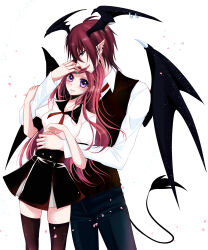 Rule 34 | 1boy, 1girl, absurdres, bishounen, black skirt, black thighhighs, black vest, black wings, blue eyes, blush, breasts, closed mouth, collared shirt, commentary, cowboy shot, demon boy, demon tail, earrings, falling petals, hair between eyes, hand on another&#039;s head, hand on another&#039;s stomach, head wings, hetero, highres, jewelry, lanmei jiang, long bangs, long hair, long sleeves, looking at viewer, medium breasts, ming wei aiqing de chibang, multiple earrings, open mouth, petals, purple eyes, red hair, shirt, short sleeves, sidelocks, simple background, skirt, smile, swept bangs, tail, thighhighs, vest, white background, white shirt, wing earrings, wings