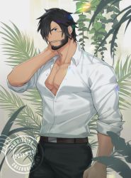 Rule 34 | 00047, 1boy, bara, beard, black hair, blue eyes, closed mouth, commentary, facial hair, highres, large pectorals, long sideburns, looking at viewer, male focus, mature male, muscular, muscular male, original, pectoral cleavage, pectorals, shirt, short hair, sideburns, solo, white shirt