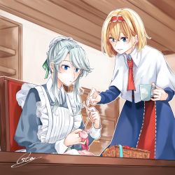 Rule 34 | 2girls, alice margatroid, apron, bad id, bad twitter id, blonde hair, blue dress, blue eyes, blush, bun cover, capelet, chair, commentary request, cowboy shot, cup, dress, green ribbon, hair bun, hair ribbon, hairband, highres, holding, holding cup, indoors, izayoi sakuya, juliet sleeves, lolita hairband, long sleeves, looking at another, maid, maid apron, mug, multiple girls, needle, outline, parted lips, puffy sleeves, red hairband, red neckwear, ribbon, sewing, sewing needle, shelf, short hair, sidelocks, signature, silver hair, single hair bun, smile, souta (karasu no ouchi), standing, swept bangs, touhou, upper body, white apron, white capelet, white outline