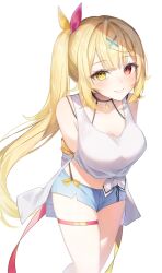 Rule 34 | 1girl, arms behind back, bare shoulders, blonde hair, blue shorts, blunt bangs, blush, breasts, cleavage, collarbone, crop top, cross hair ornament, feet out of frame, hair ornament, halterneck, heterochromia, highres, hoshikawa sara, hoshikawa sara (1st costume), large breasts, light, long hair, looking at viewer, medium breasts, nijisanji, open mouth, pudding cream, red eyes, shirt, short shorts, shorts, side ponytail, sidelocks, simple background, smile, solo, standing, teeth, thighlet, virtual youtuber, white background, white shirt, yellow eyes