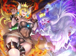 Rule 34 | 2girls, armlet, aura, blonde hair, blue eyes, boo (mario), bowsette, bracelet, breasts, claw pose, cleavage, covered navel, covering own eyes, crown, dawito, dress, earrings, fingernails, fire, frilled dress, frills, ghost, gluteal fold, horns, jewelry, king boo, large breasts, leotard, looking at viewer, luigi&#039;s mansion, mario (series), multiple girls, new super mario bros. u deluxe, nintendo, pointy ears, princess king boo, purple eyes, sharp fingernails, sharp teeth, showgirl skirt, smile, spiked armlet, spiked bracelet, spikes, super crown, teeth, tongue, tongue out, white hair