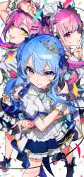 Rule 34 | 3girls, anchor hair ornament, anchor print, anchor symbol, blue eyes, blue hair, blue skirt, blush, braid, colored inner hair, commentary, crossed arms, crown, foreshortening, from above, green eyes, hair between eyes, hair ornament, hairband, highres, holding, holding microphone, hololive, hololive idol uniform (bright), hoshimachi suisei, long hair, microphone, mika pikazo, minato aqua, multicolored hair, multiple girls, open mouth, pink eyes, pink hair, purple eyes, skirt, star (symbol), startend (hololive), streaked hair, tokoyami towa, two-tone hair, virtual youtuber