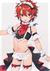 Rule 34 | 1boy, alexander (fate), alternate costume, apron, bare shoulders, braid, braided ponytail, bulge, cowboy shot, crop top, crossdressing, detached sleeves, earrings, fate/grand order, fate (series), fishnet thighhighs, fishnets, frilled apron, frilled hairband, frilled sleeves, frills, grey background, hair between eyes, hairband, highleg, highleg panties, jewelry, kawasemi (pocorit), long hair, looking at viewer, maid, maid headdress, male focus, navel, open mouth, panties, parted bangs, red hair, short sleeves, sidelocks, solo, standing, teeth, thighhighs, thighs, trap, twitter username, underwear, upper teeth only