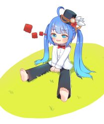Rule 34 | 1girl, ahoge, barefoot, black hat, black pants, blue eyes, blue hair, bow, bowtie, clock, commentary request, hat, highres, kuma-bound, long hair, on grass, open mouth, original, pants, red bow, red bowtie, shirt, simple background, sitting, translation request, twintails, white background, white shirt
