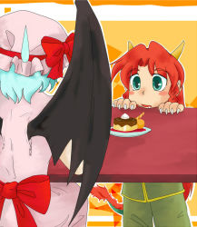 Rule 34 | 2girls, artist request, bat wings, blue hair, bow, braid, china dress, chinese clothes, claws, dragon, dragon girl, dress, female focus, green eyes, hat, hong meiling, hong meiling (dragon), horns, kemonomimi mode, long hair, monster girl, multiple girls, open mouth, red hair, remilia scarlet, saliva, short hair, sweatdrop, tail, embodiment of scarlet devil, torazima, touhou, twin braids, vampire, wings, aged down