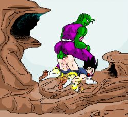 Rule 34 | 2boys, 4chan, anal, animated, animated gif, anus, ass, bara, black hair, closed eyes, dragon ball, dragonball z, erection, gaping, lowres, male focus, male penetrated, meme, multiple boys, open mouth, penis, piccolo, pixel art, restrained, rock, sex, testicles, torn clothes, vegeta, what, yaoi