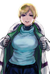 Rule 34 | 1girl, blonde hair, blue eyes, breasts, brown eyes, capcom, coat, fur collar, gloves, large breasts, aged up, open clothes, open coat, resident evil, resident evil 2, resident evil 6, sgk, sherry birkin, short hair, sweater, winter clothes