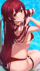 Rule 34 | 1girl, absurdres, arms up, ass, back, bare arms, bare shoulders, bikini, blush, breasts, from behind, hands in hair, heterochromia, highres, hololive, houshou marine, houshou marine (summer), kanoe (tatsukanoe), long hair, looking at viewer, looking back, medium breasts, o-ring, o-ring thigh strap, orange eyes, pool, red bikini, red eyes, red hair, sideboob, signature, sitting, solo, swimsuit, thigh strap, very long hair, virtual youtuber, water