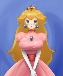 Rule 34 | 1girl, blonde hair, blue background, blue eyes, blue gemstone, breasts, brooch, crown, dress, earrings, elbow gloves, eyelashes, gem, glint, gloves, highres, jewelry, lace, lace-trimmed dress, lace trim, large breasts, lipstick, long hair, looking at viewer, makeup, mario (series), nelly (altsarespicy), nintendo, outline, parted lips, pink dress, princess, princess peach, puffy short sleeves, puffy sleeves, red lips, red sash, ribbon, sash, short sleeves, solo, standing, super mario 64, surprised, taut clothes, taut dress, turtleneck, twitter username, white background, white gloves, white outline