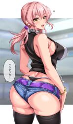 Rule 34 | 1girl, ?, aged up, ass, belt, black panties, black shirt, black thighhighs, bracelet, breasts, clothes writing, commentary, commission, dated, denim, denim shorts, dimples of venus, earrings, from behind, hair bobbles, hair ornament, highres, idolmaster, idolmaster cinderella girls, jewelry, jougasaki mika, large breasts, long hair, looking at viewer, looking back, low twintails, micro shorts, open mouth, panties, pink hair, purple belt, shirt, shorts, skeb commission, sleeveless, sleeveless shirt, smile, solo, stud earrings, teeth, thighhighs, thighs, thong, translated, twintails, twisted torso, underbutt, underwear, upper teeth only, whale tail (clothing), yellow eyes, yoohi