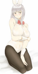 Rule 34 | 1girl, animal ears, black pantyhose, breast hold, breasts, brown eyes, commentary request, covered navel, fake animal ears, full body, hairband, large breasts, legs together, leotard, ogros, original, pantyhose, playboy bunny, rabbit ears, red ribbon, ribbon, see-through, seiza, silver hair, sitting, solo, sweat, wet, wet clothes, wrist cuffs